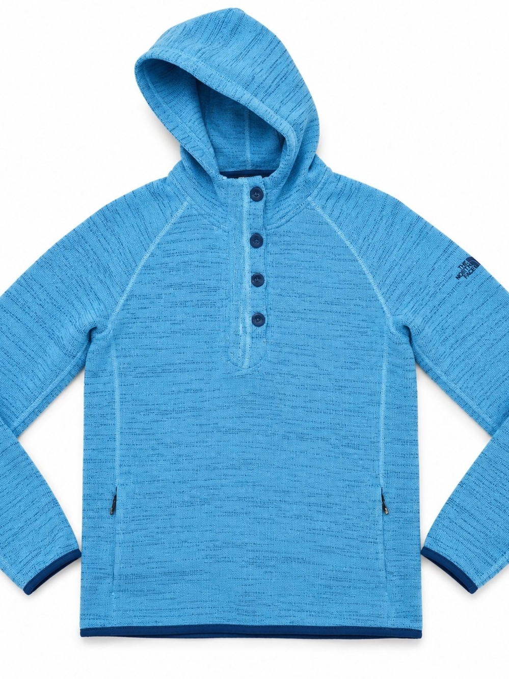 The North Face Women’s Large Blue Hooded Sweater Fleece Pullover Button Neck